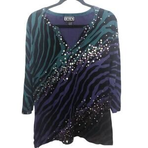 Vintage Berek 2 Beaded Sequinned Knit Sweater Zebra Print Size L Purple Green